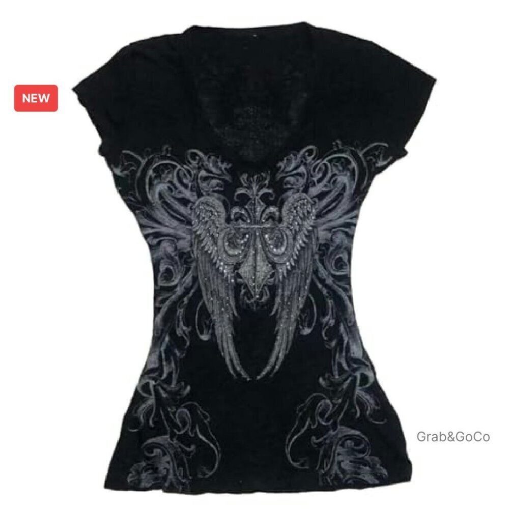 Y2K Gothic Graphic V-Neck Slim Fit Crop Top Vintage Grunge Tee